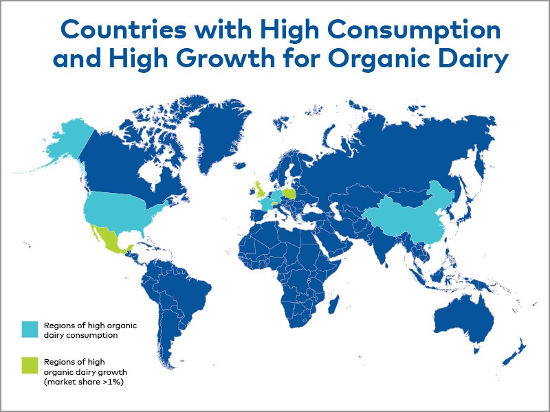 Bản đồ hiển thị các khu vực tiêu thụ cao và tăng trưởng cao. Các quốc gia có màu xanh lá cây chiếm 70% lượng tiêu thụ sữa hữu cơ toàn cầu.